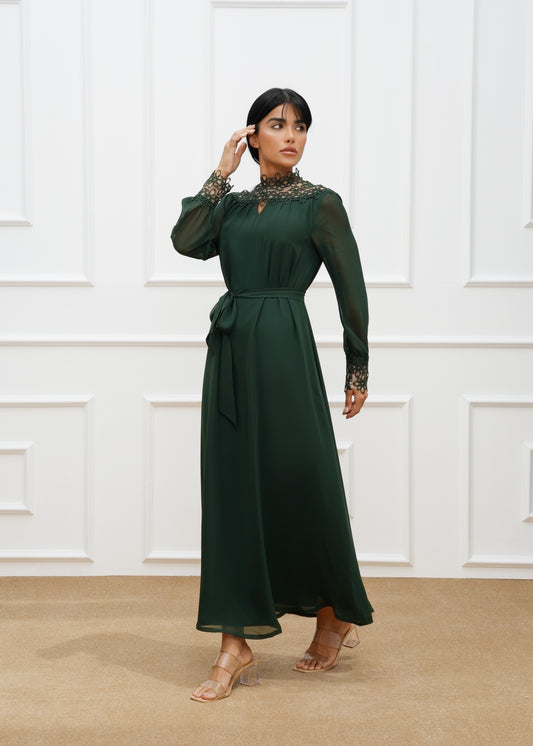 Floral lace trims chiffon belted Dress