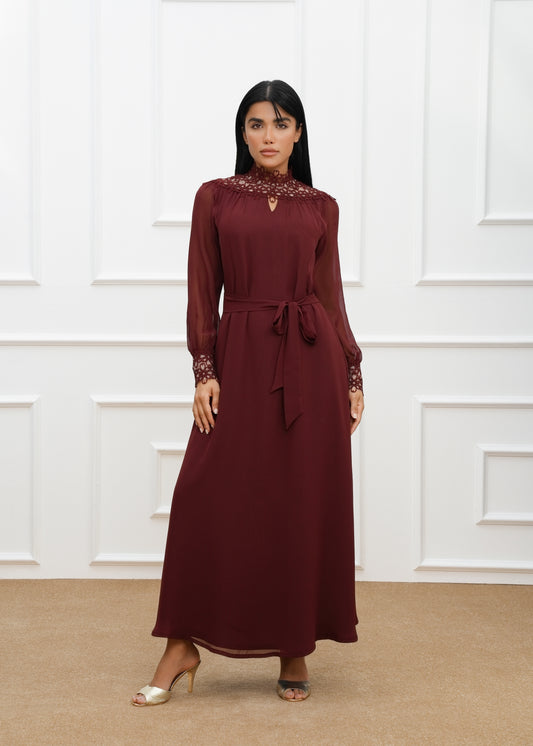 Floral lace trims chiffon belted Dress