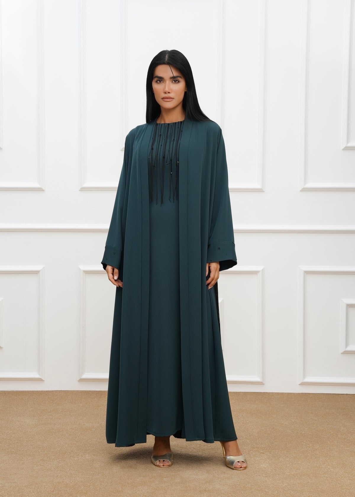Dela Fringe Trim cut and embroidered details abaya  and dress (SET)