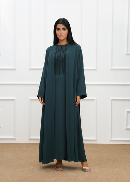 Dela Fringe Trim cut and embroidered details abaya  and dress (SET)
