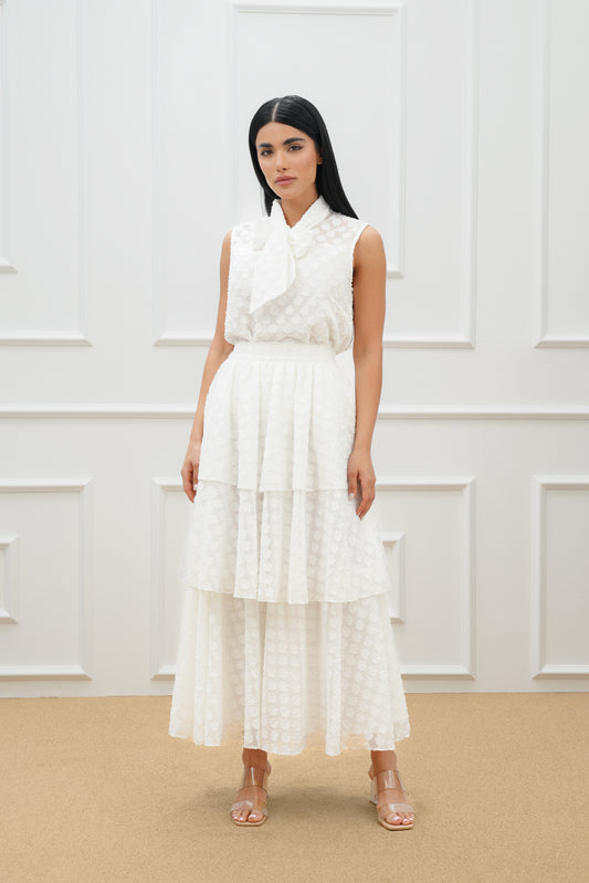 Floral tie neck top with Flary layered skirt (SET)