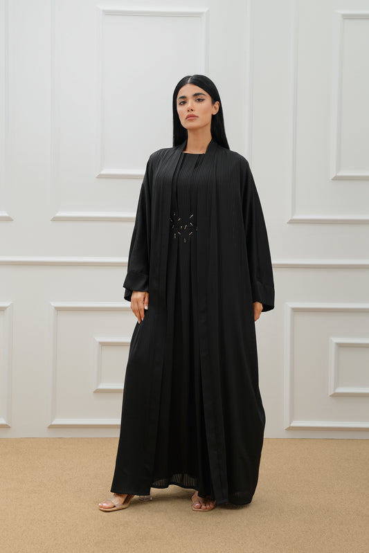 Textured silk  farasha abaya set with pleated front dress