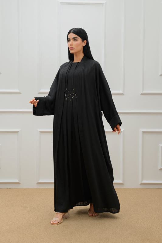 Textured silk  farasha abaya set with pleated front dress