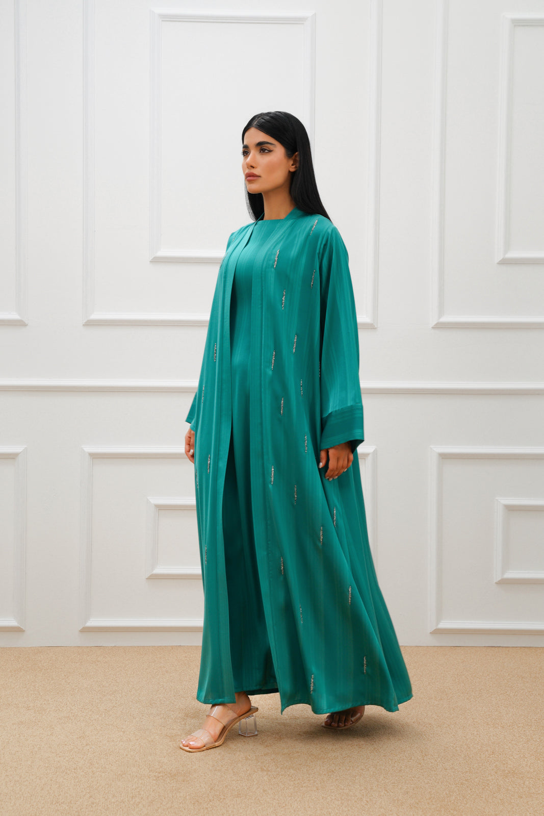 Embroidered Stripe Silk Abaya Set