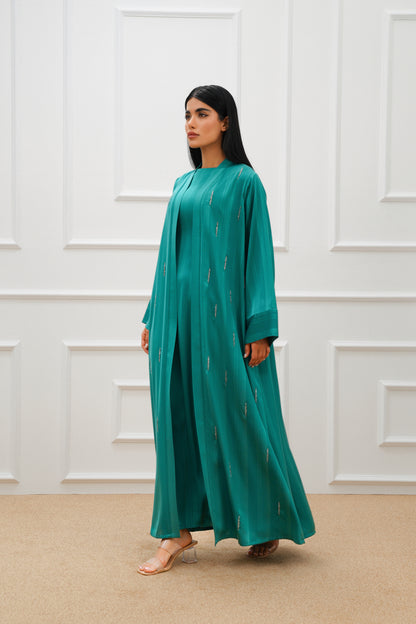 Embroidered Stripe Silk Abaya Set