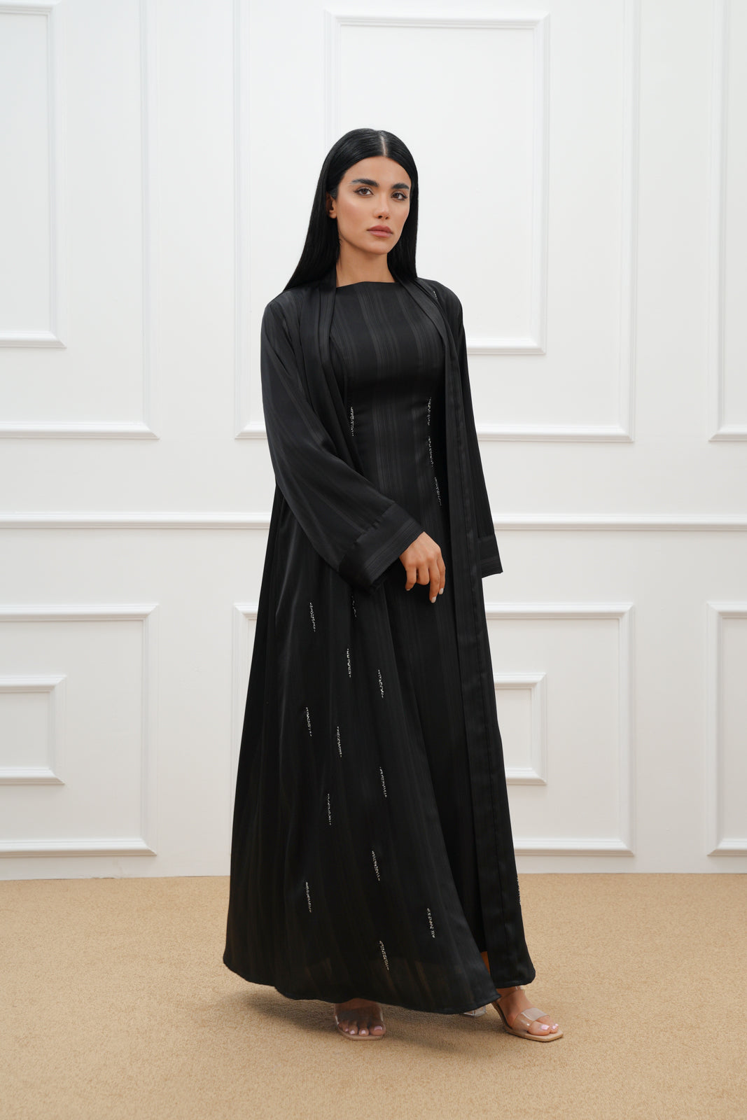 Embroidered Stripe Silk Abaya Set