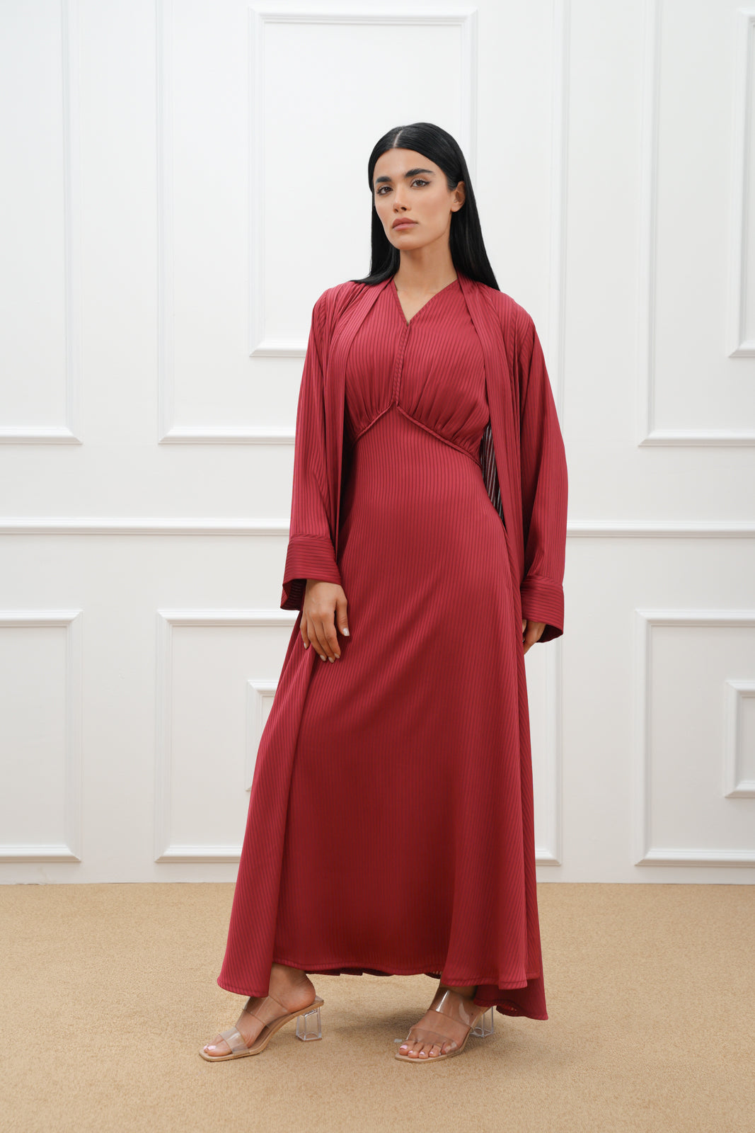 Geometric cut silk abaya with sleeveless dress (SET)