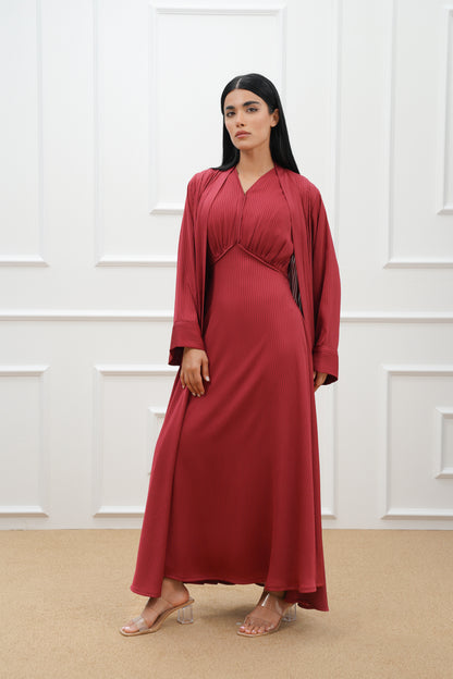 Geometric cut silk abaya with sleeveless dress (SET)