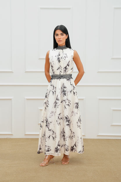 Lace High Neck Printed Dress