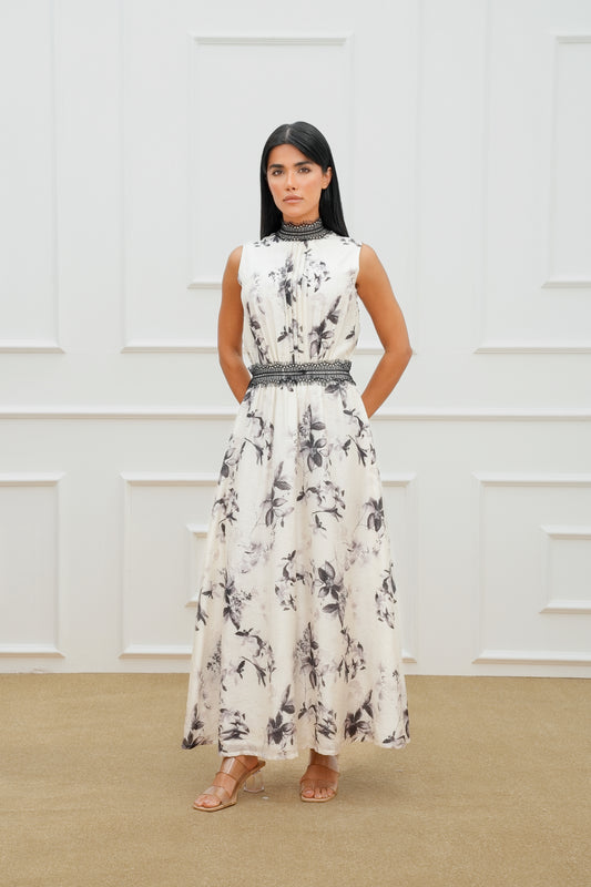 Lace High Neck Printed Dress
