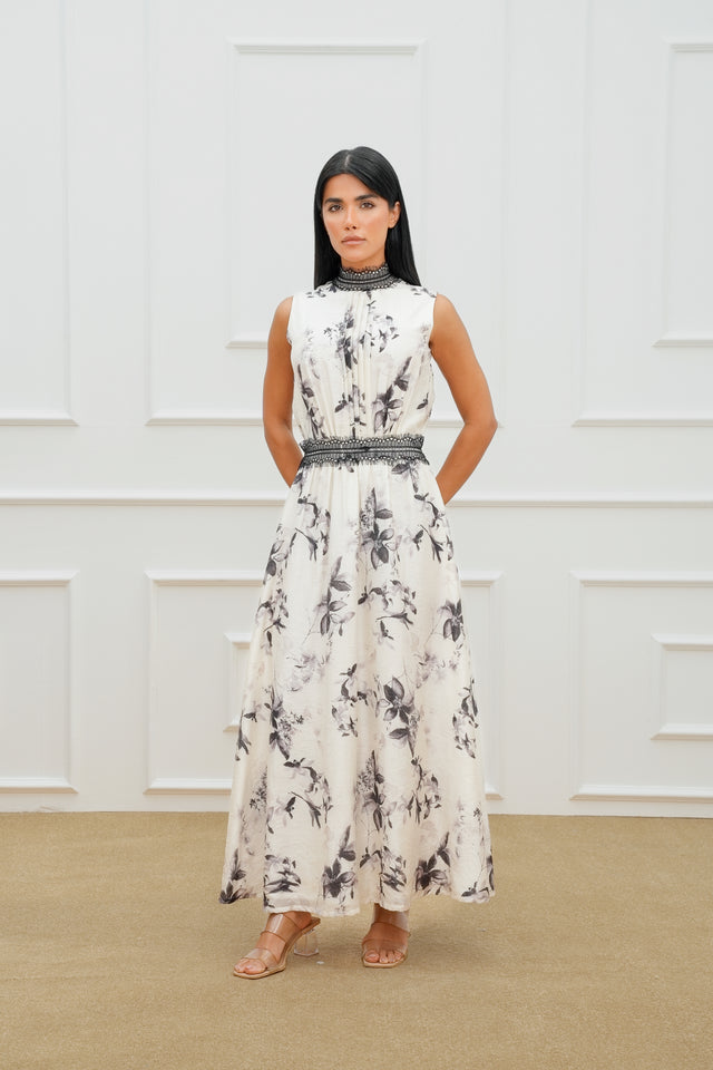 Lace High Neck Printed Dress