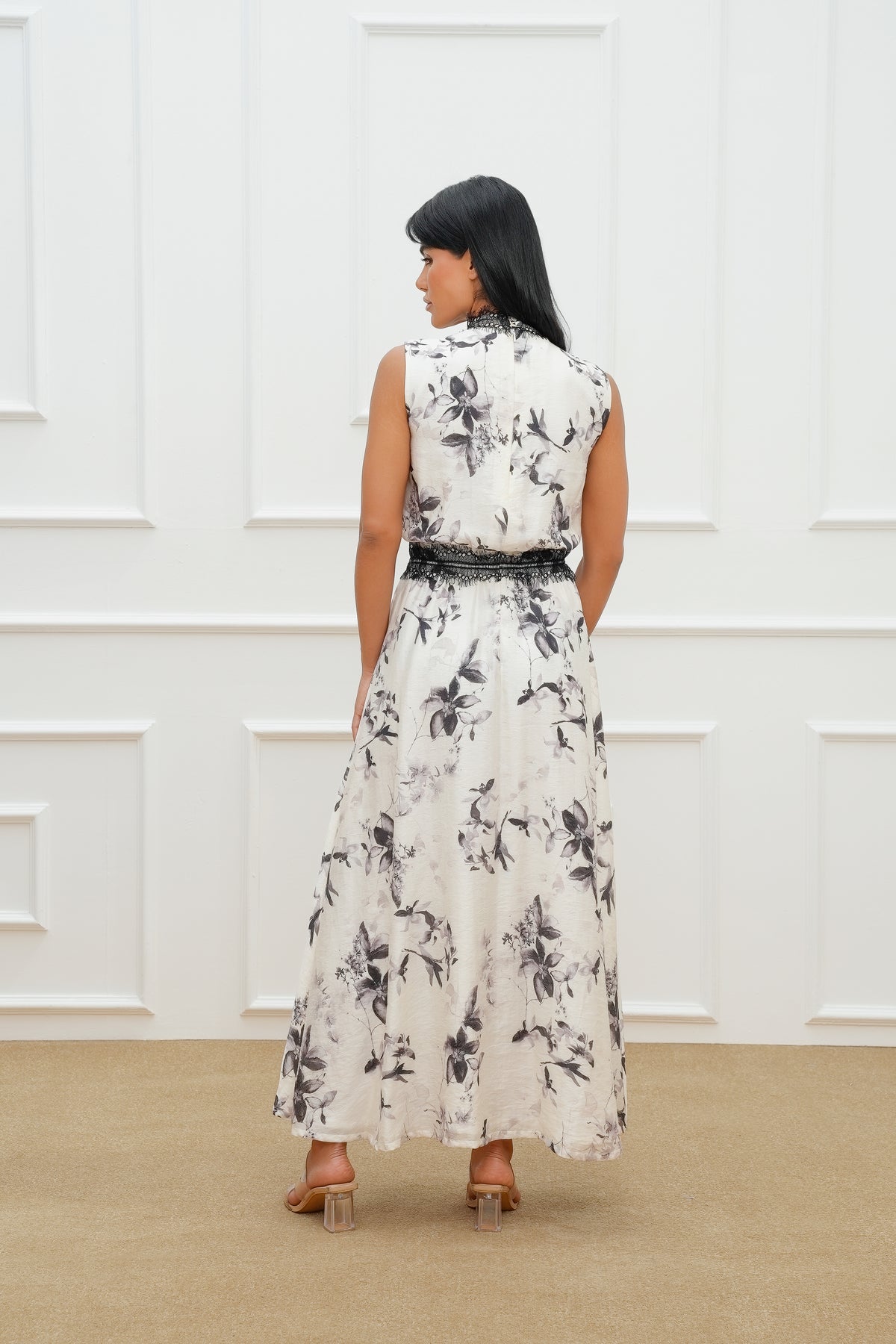 Lace High Neck Printed Dress
