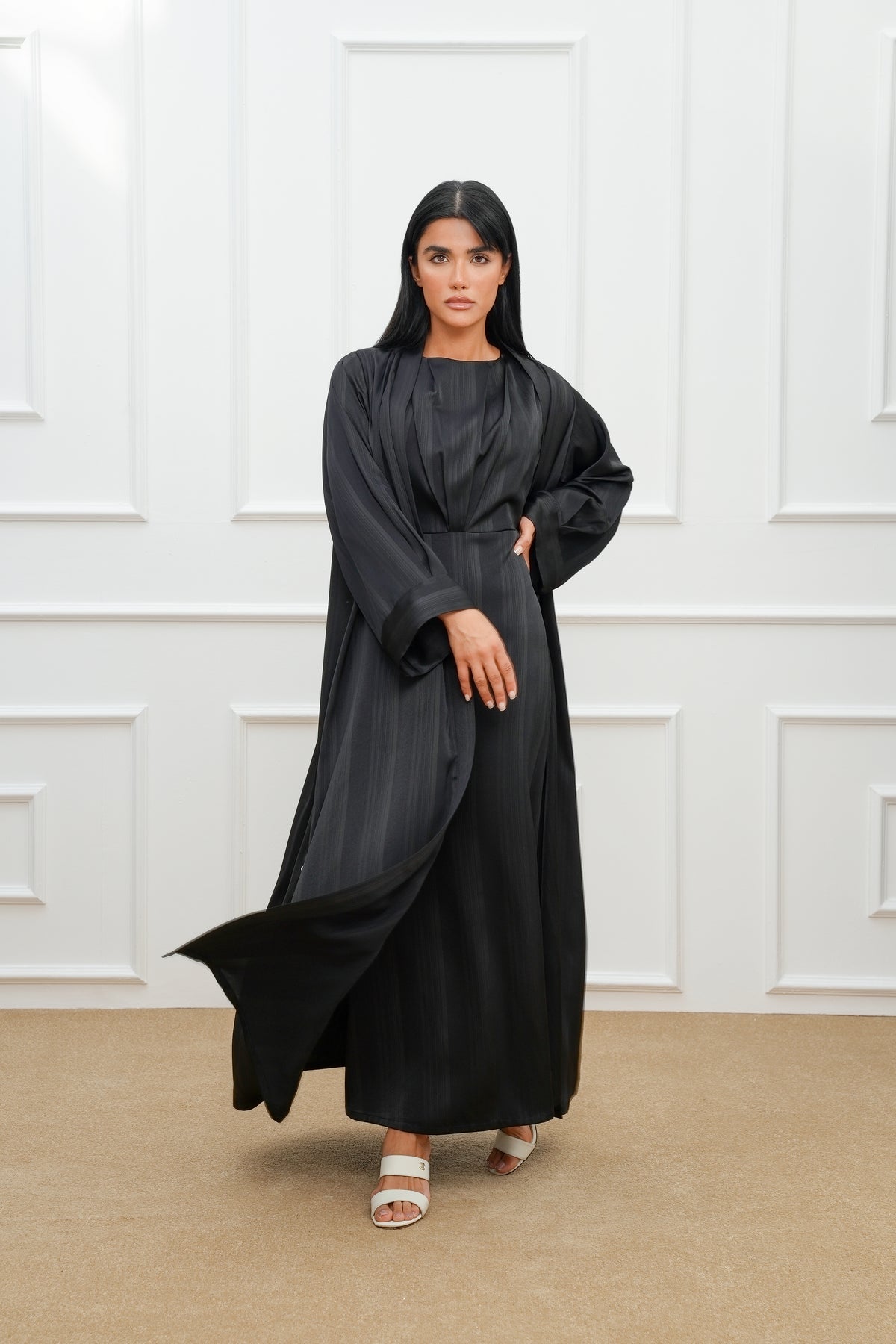 Sleeve Detail Stripe Silk Abaya