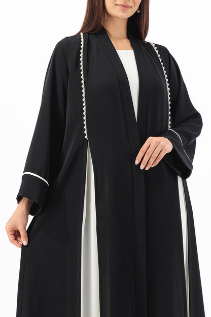 Contrast box pleated Abaya with Pearl piping details