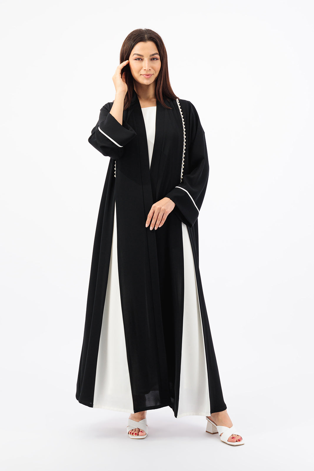 Contrast box pleated Abaya with Pearl piping details