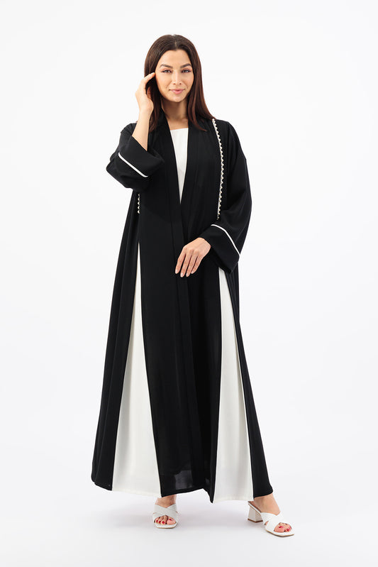 Contrast box pleated Abaya with Pearl piping details