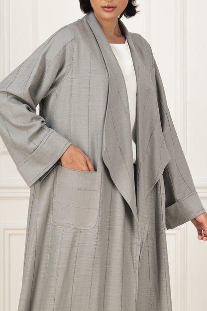 Striped linen abaya with collar