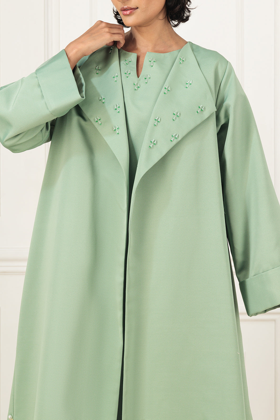 Classic textured set abaya with lapels and touches of beads work