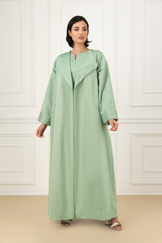 Classic textured set abaya with lapels and touches of beads work