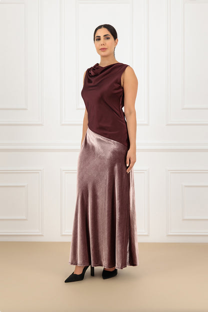 Sleeveless drop collar two tone velvet and satin dress