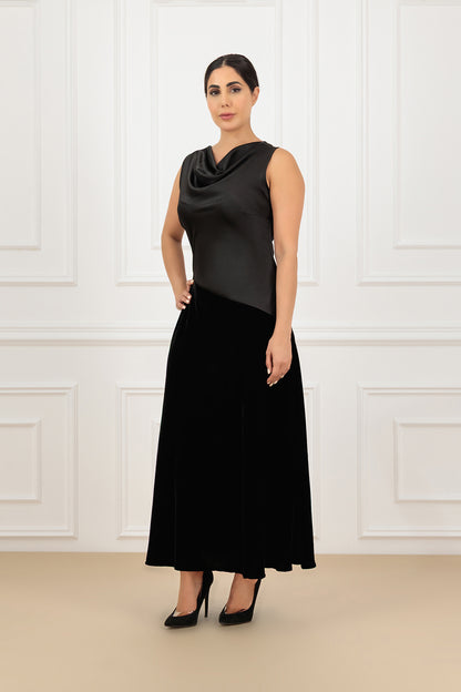 Sleeveless drop collar two tone velvet and satin dress