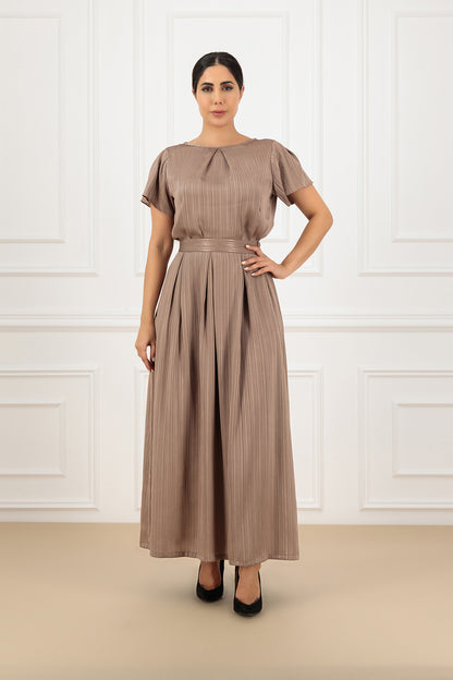 Embroidered Jacquard Striped Silk Abaya 3-Piece Set with Pleated Garter Skirt