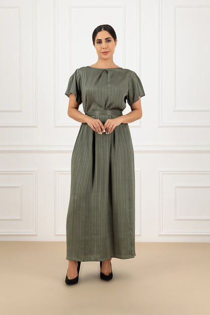 Embroidered Jacquard Striped Silk Abaya 3-Piece Set with Pleated Garter Skirt