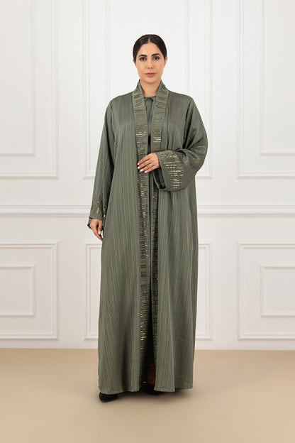 Embroidered Jacquard Striped Silk Abaya 3-Piece Set with Pleated Garter Skirt