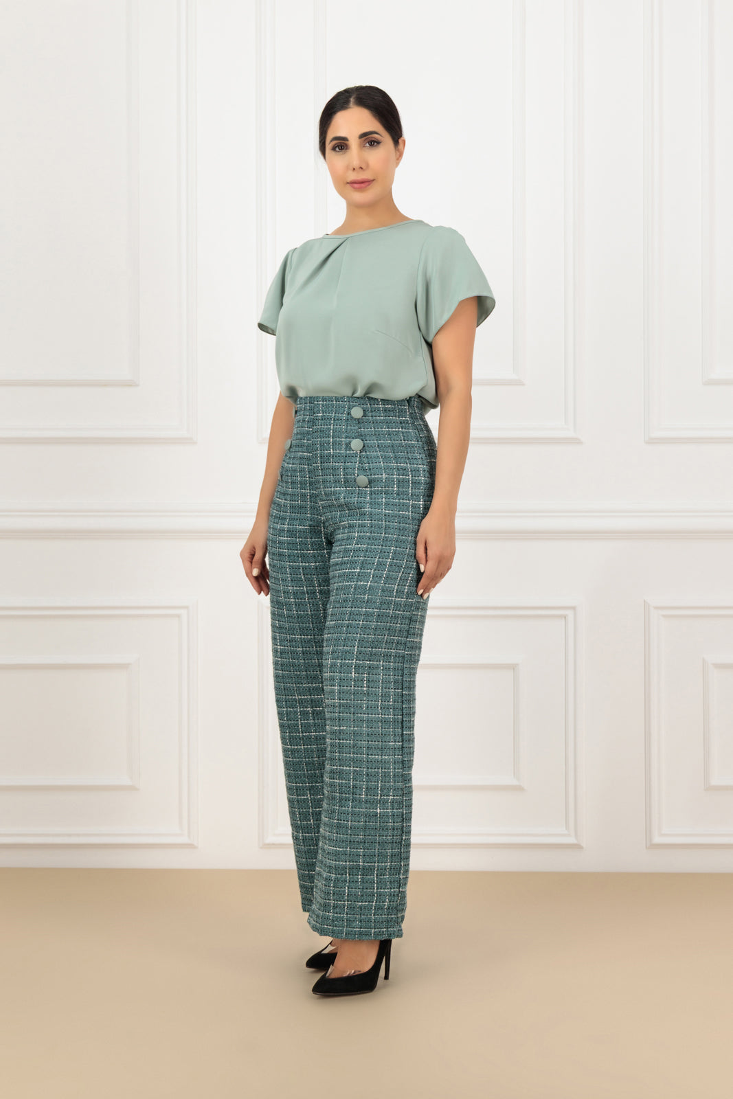 Two-Tone Tweed & Shantung Collared Abaya Set with shirt and trouser