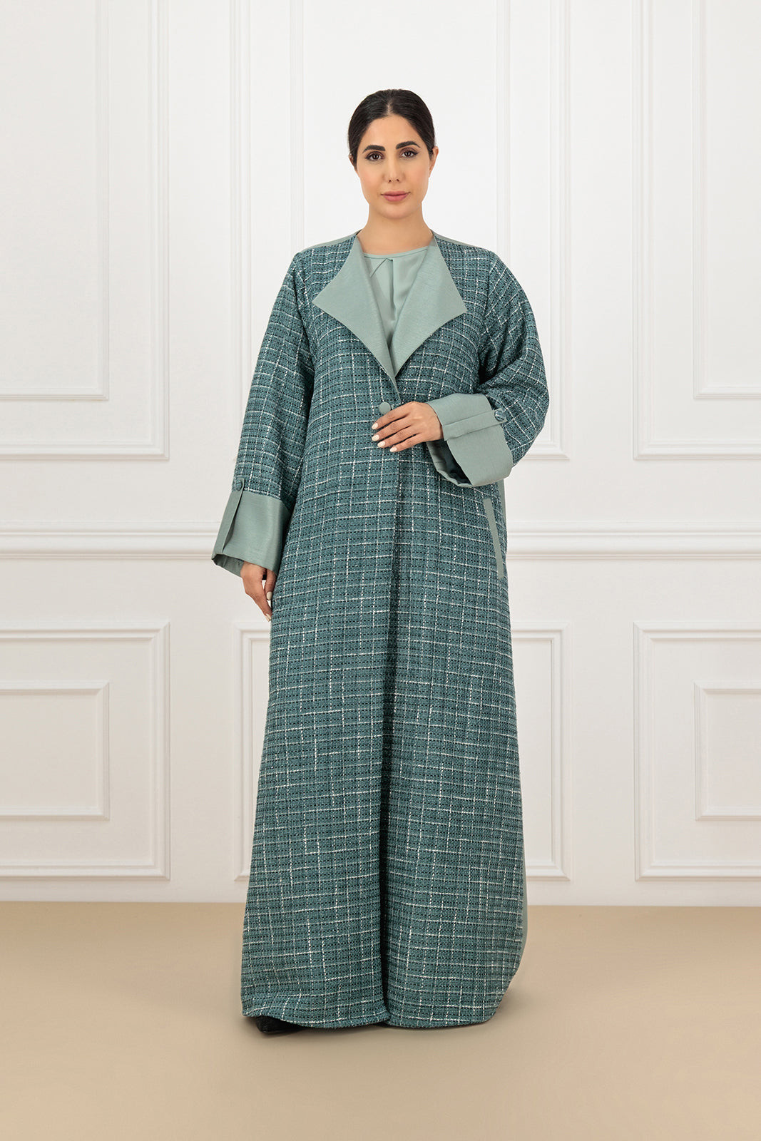 Two-Tone Tweed & Shantung Collared Abaya Set with shirt and trouser