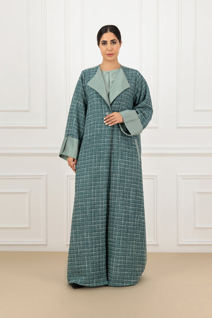 Two-Tone Tweed & Shantung Collared Abaya Set with shirt and trouser