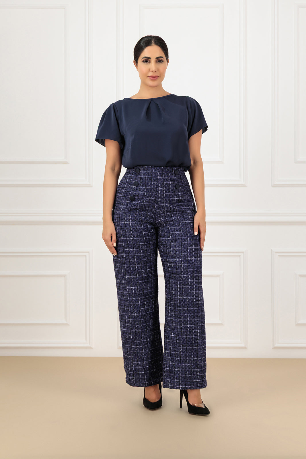 Two-Tone Tweed & Shantung Collared Abaya Set with shirt and trouser