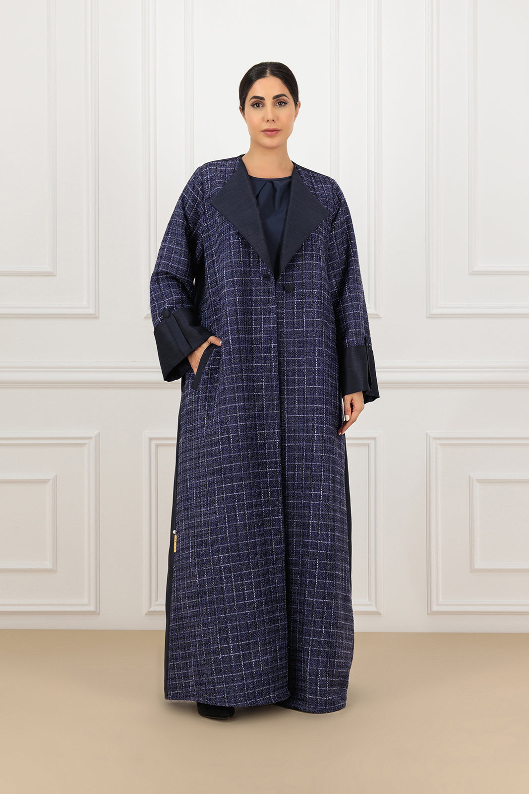 Two-Tone Tweed & Shantung Collared Abaya Set with shirt and trouser