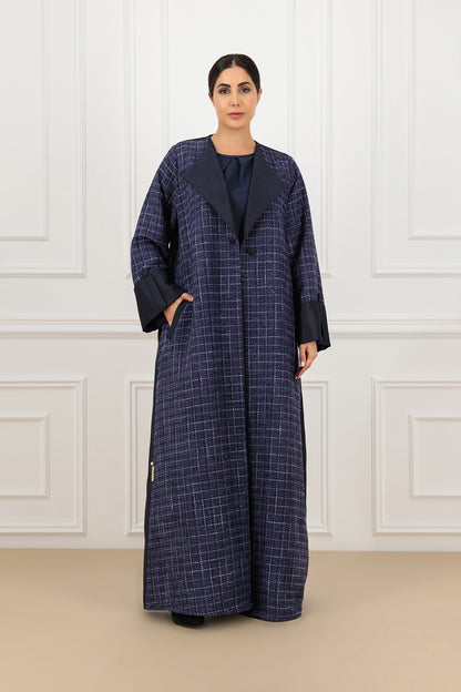 Two-Tone Tweed & Shantung Collared Abaya Set with shirt and trouser