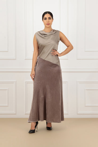 Sleeveless drop collar two tone velvet and satin dress