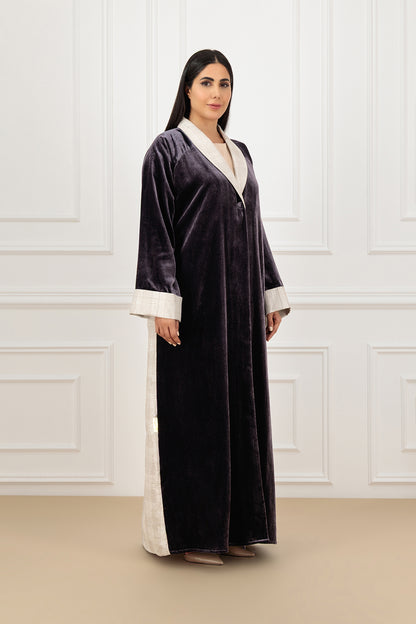 Two-Tone Velvet & Jacquard Collared Abaya