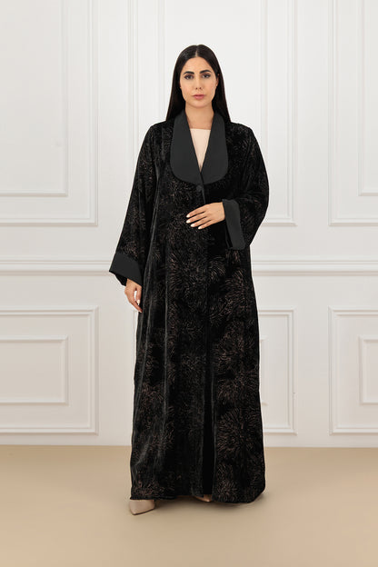 Shawl collared jacquard velvet abaya