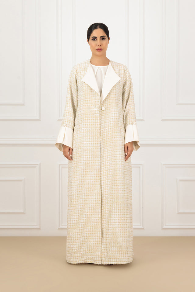 Two-Tone Tweed & Shantung Collared Abaya Set with shirt and trouser