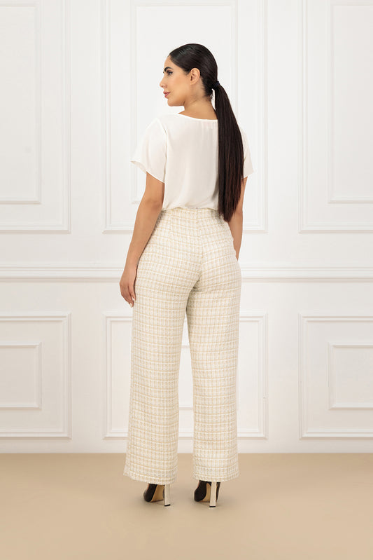 High-Waisted Tweed Trouser Set with Crepe Shirt