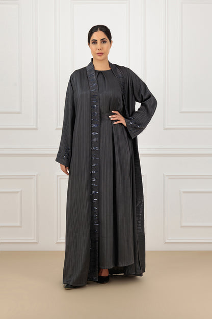 Embroidered Jacquard Striped Silk Abaya 3-Piece Set with Pleated Garter Skirt
