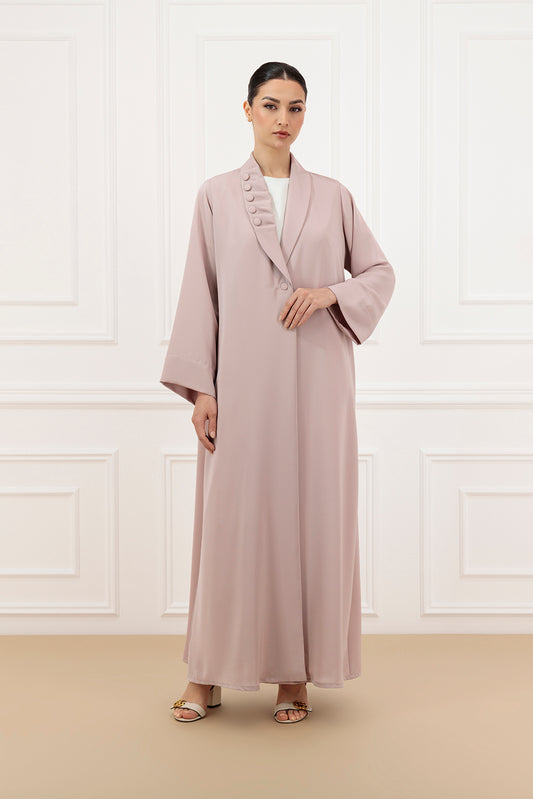 Asymmetrical pleated shawl collar with cover buttons