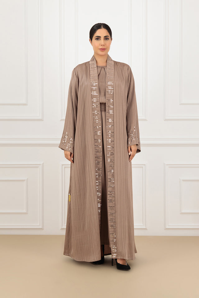 Embroidered Jacquard Striped Silk Abaya 3-Piece Set with Pleated Garter Skirt