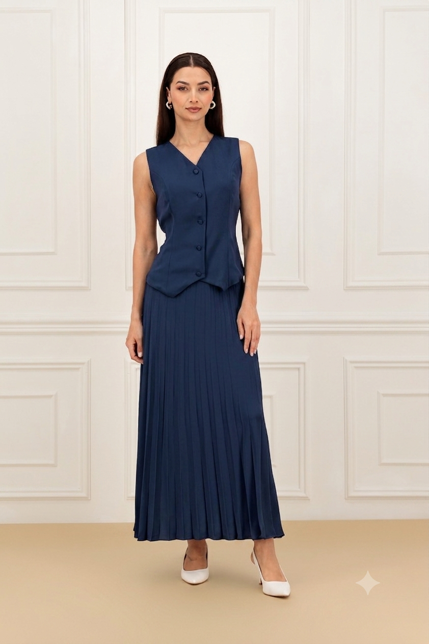 Back elastic vest and pleated skirt Set