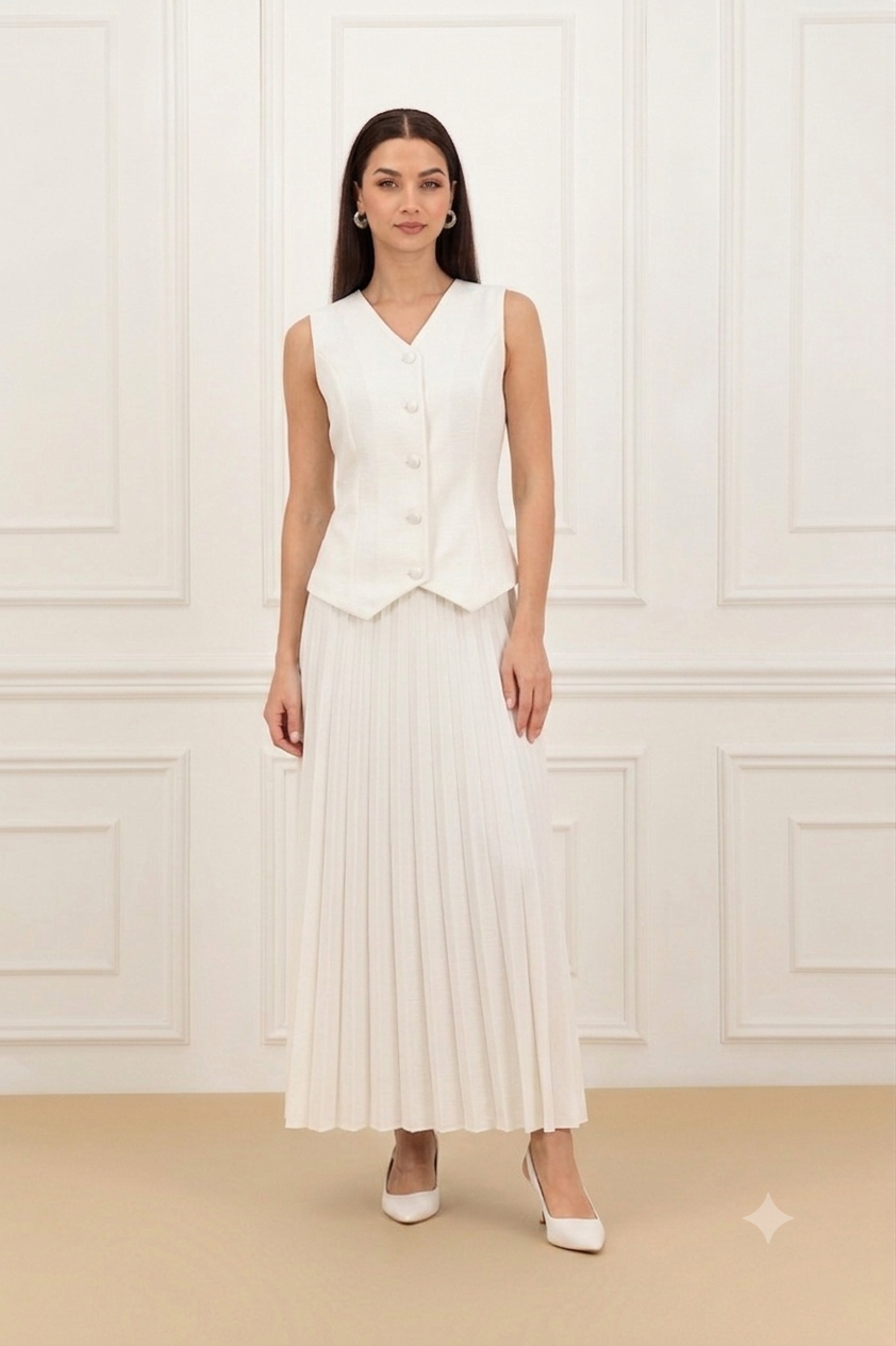 Back elastic vest and pleated skirt Set