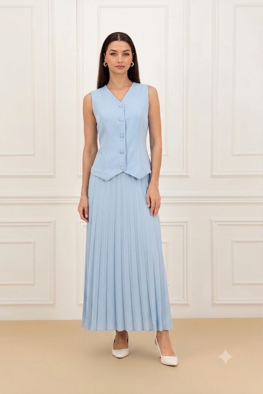 Back elastic vest and pleated skirt Set