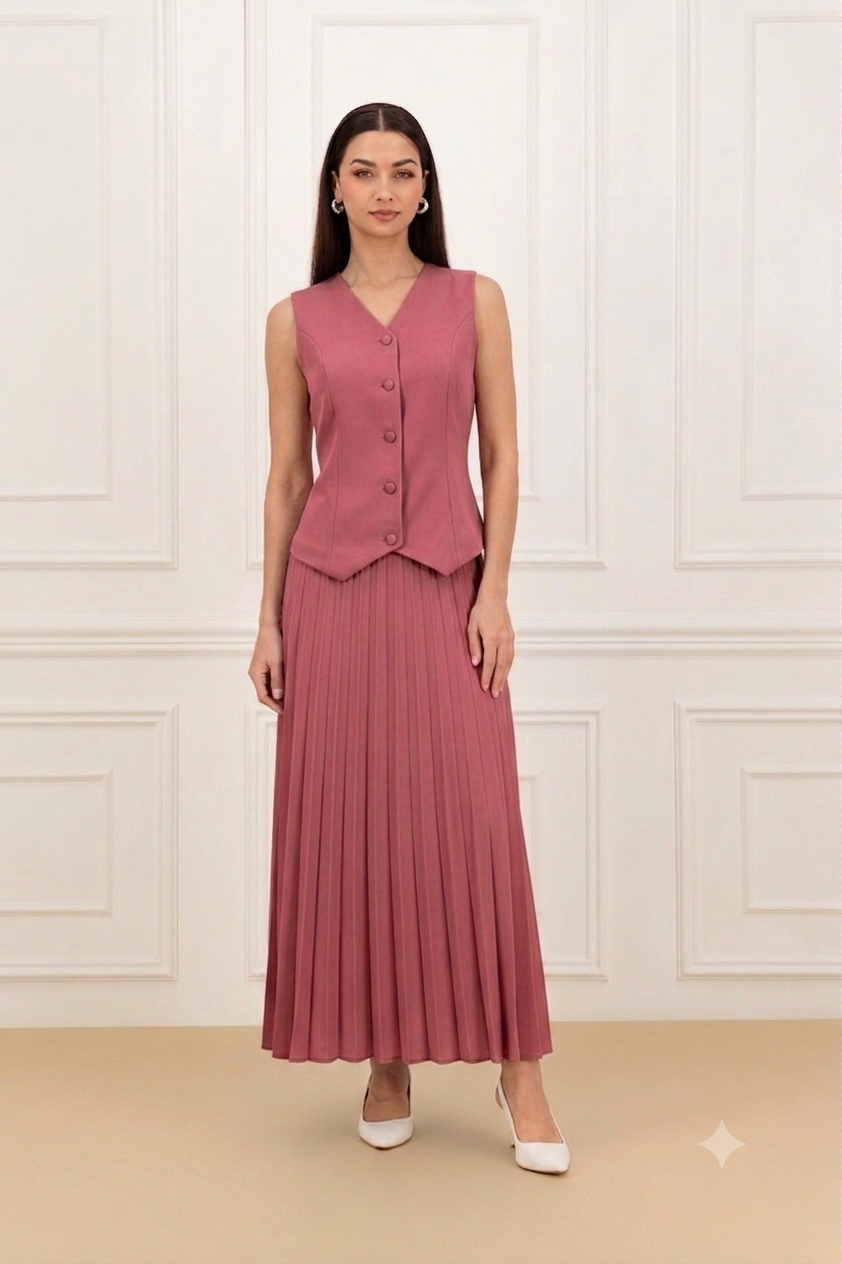 Back elastic vest and pleated skirt Set