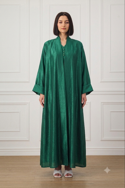 A-line flared back Abaya in Shimmer Linen