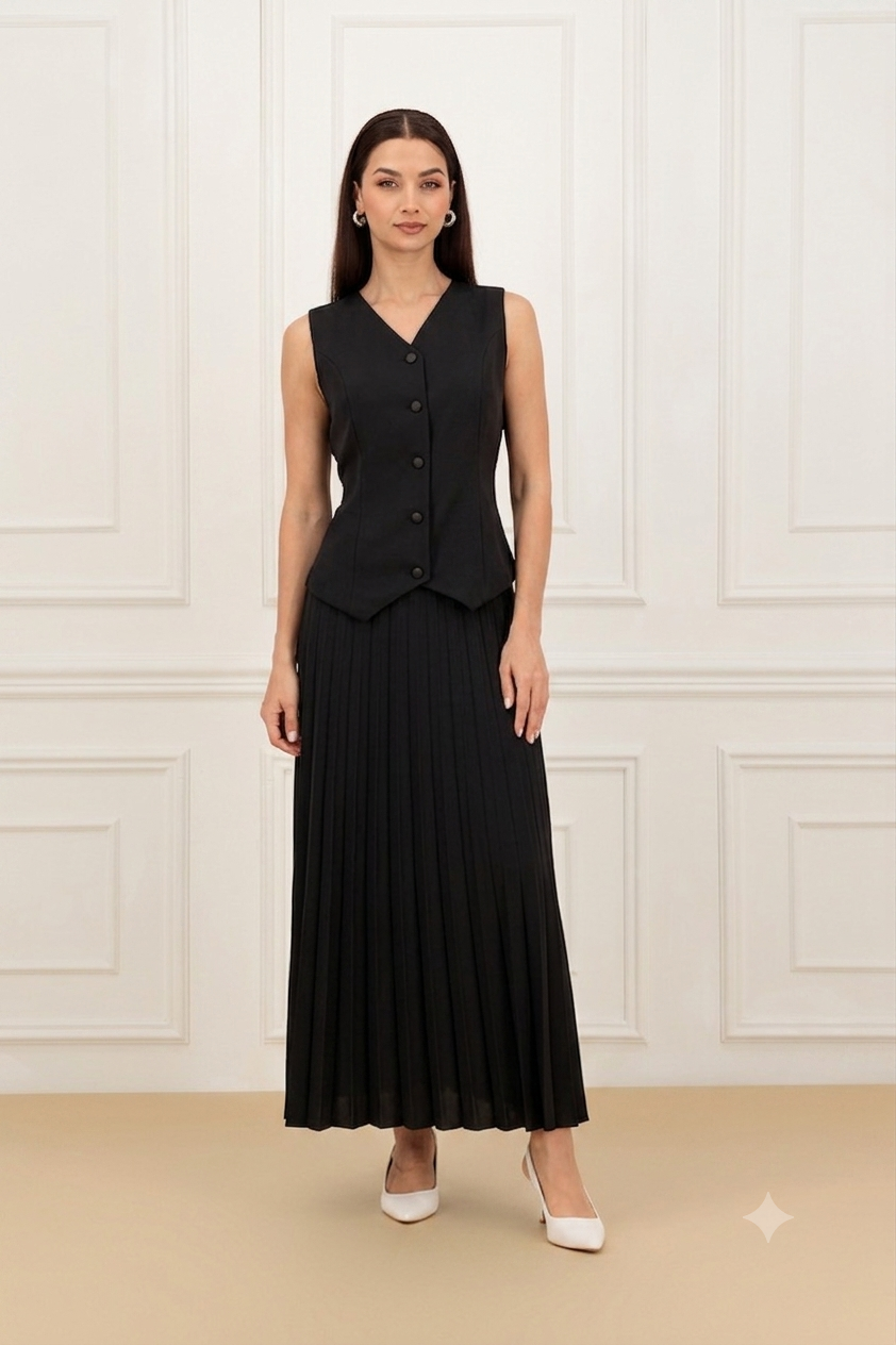 Back elastic vest and pleated skirt Set