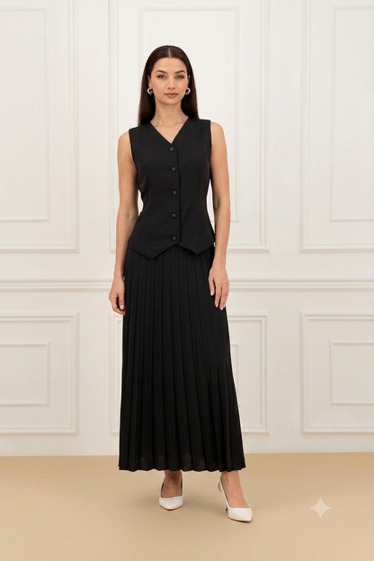 Back elastic vest and pleated skirt Set
