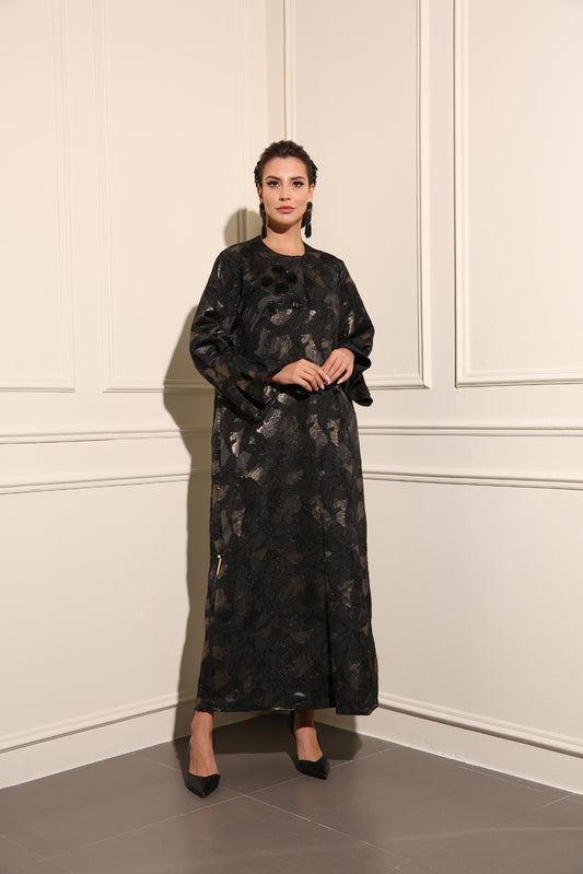 Classic abaya with front beaded  and pleated sleeves